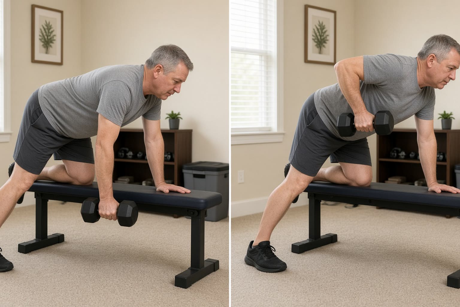 The start and finish of a supported one-arm dumbbell row