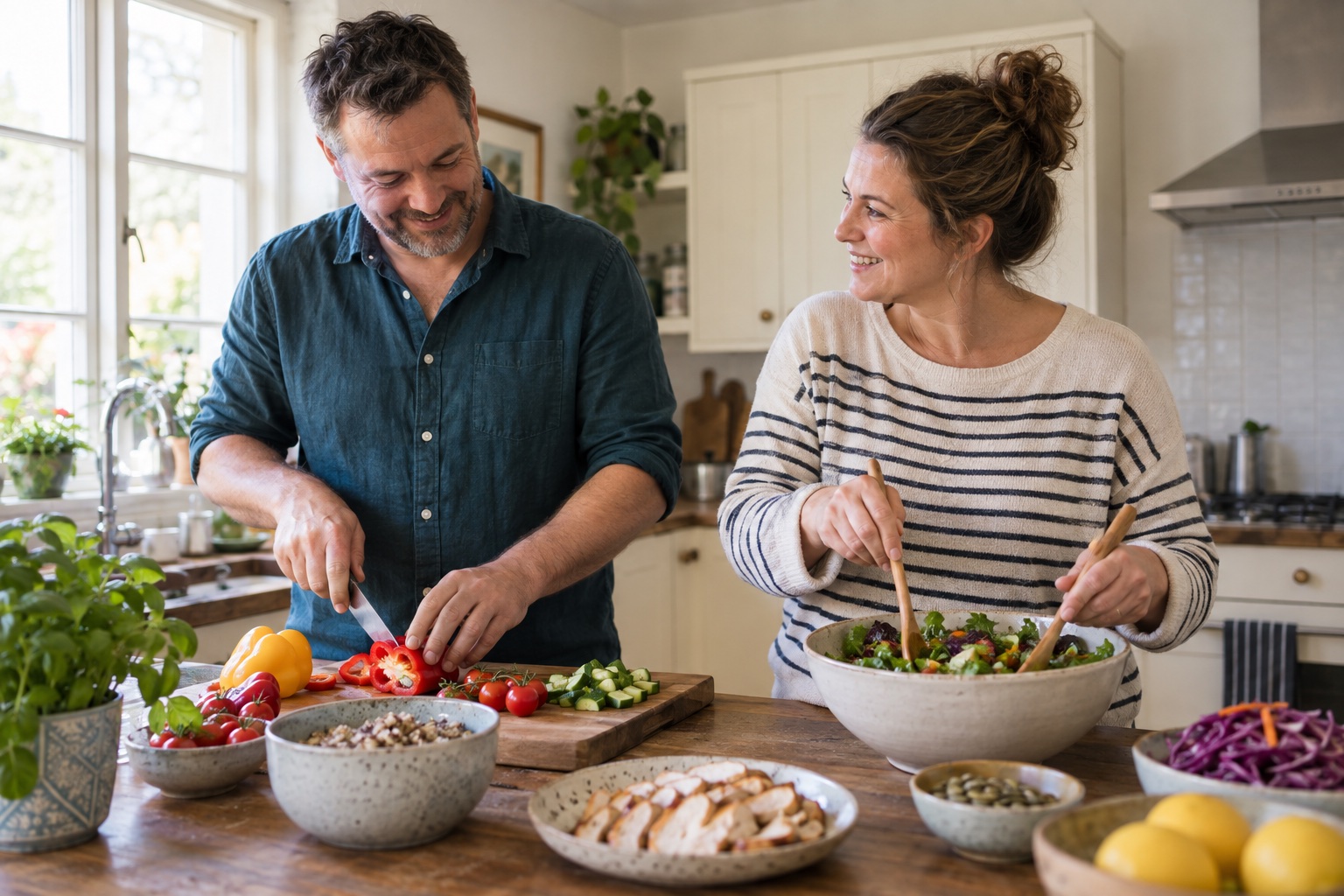 Adults preparing a fresh lunch together at home