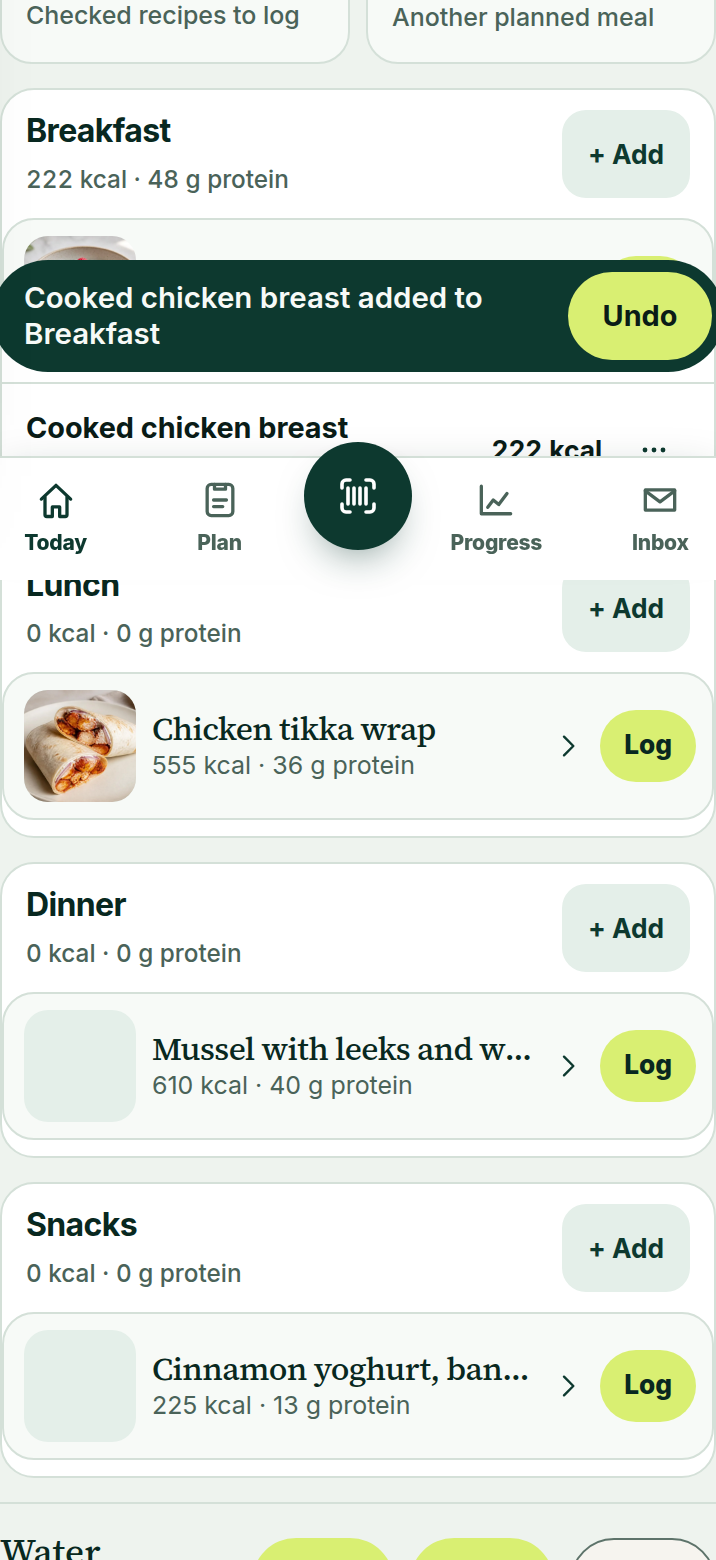 Food diary screen from the LoseWell demo