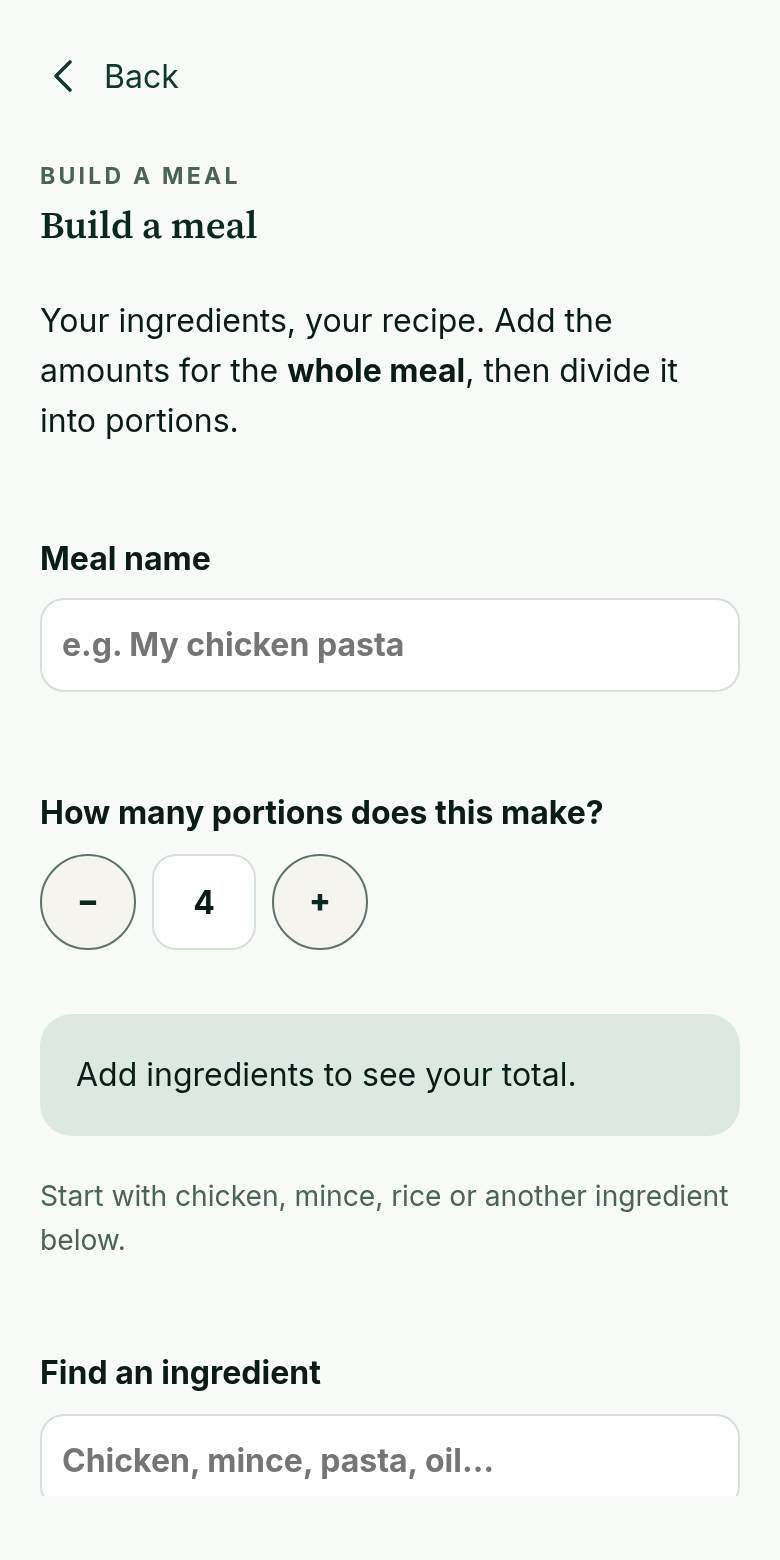 Meal builder screen from the LoseWell demo