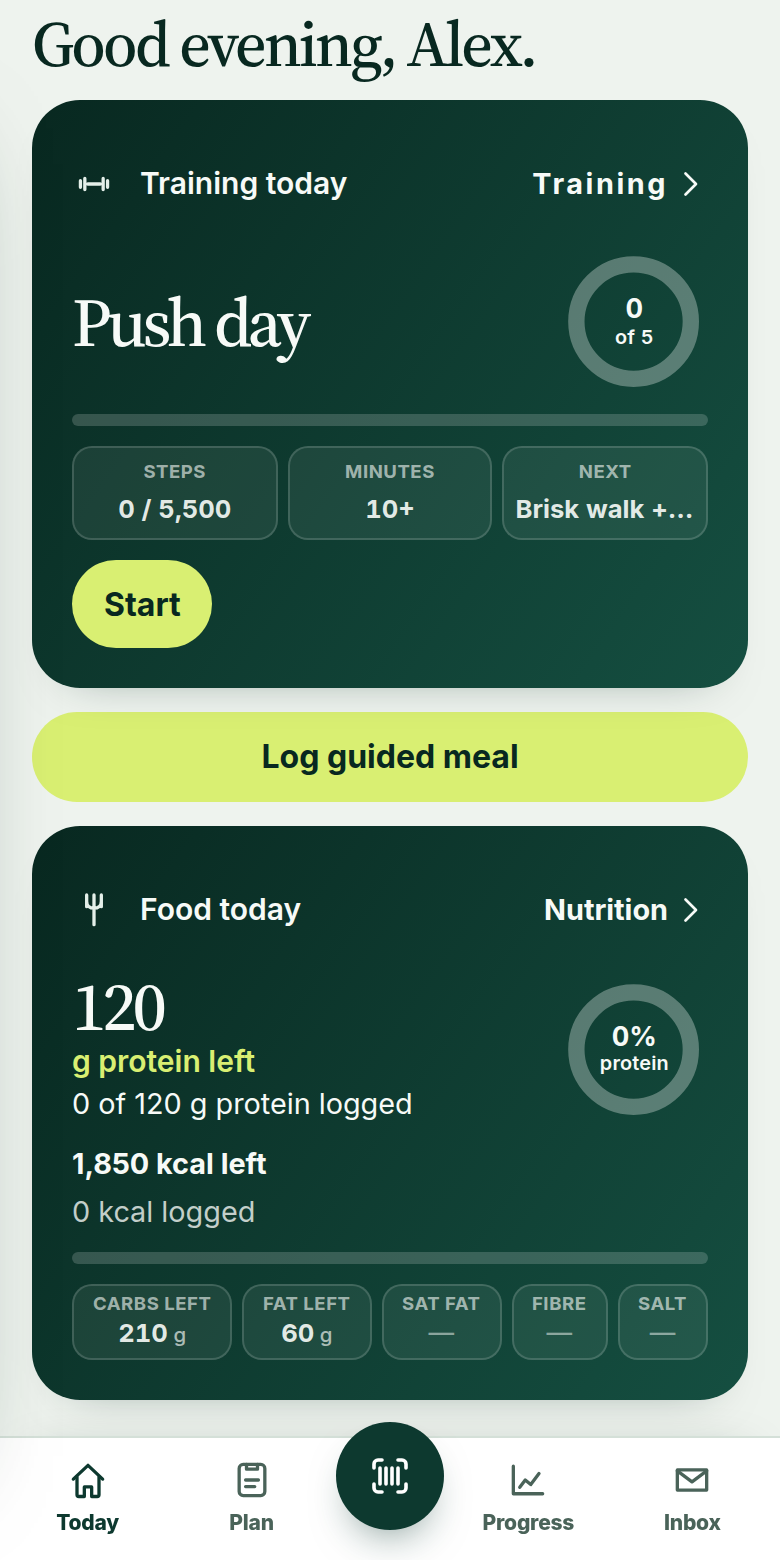 Today screen from the LoseWell demo, showing the next useful step, food and training